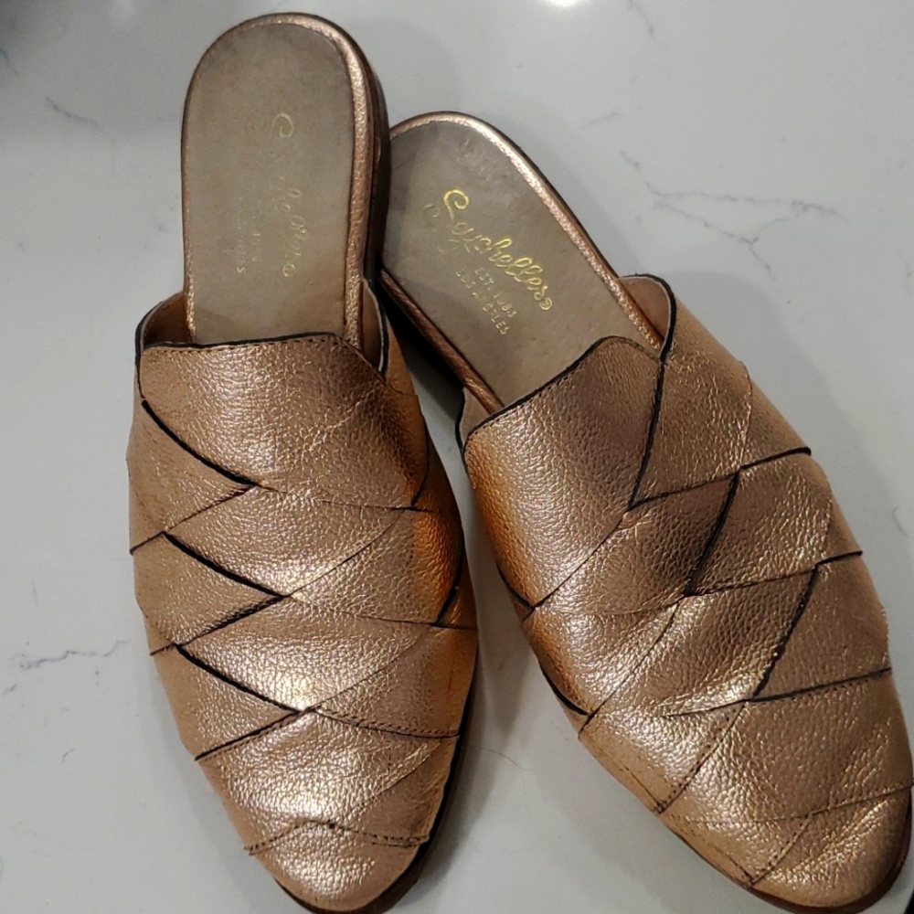 Seychelles Slip On Mules Shoes Rose Gold Pink Leather Woven 6.5